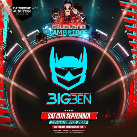 Archival flyer: Clubland Cambridge at Cambridge Junction, Saturday 13 September, 22:00–03:00 — 3IG 3EN mask artwork headline